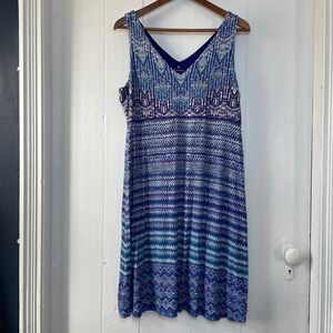 Athleta Women XL Blue Green Print V Neck Sleeveless Midi Dress Casual Boho